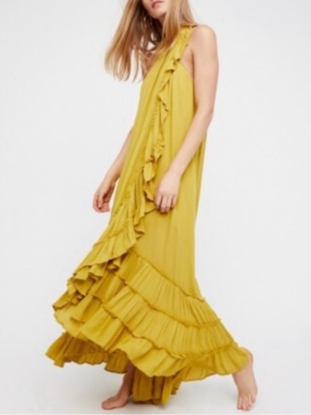 Free People Endless Summer Wrap Around Mustard Ruffle Halter Maxi Dress S XP